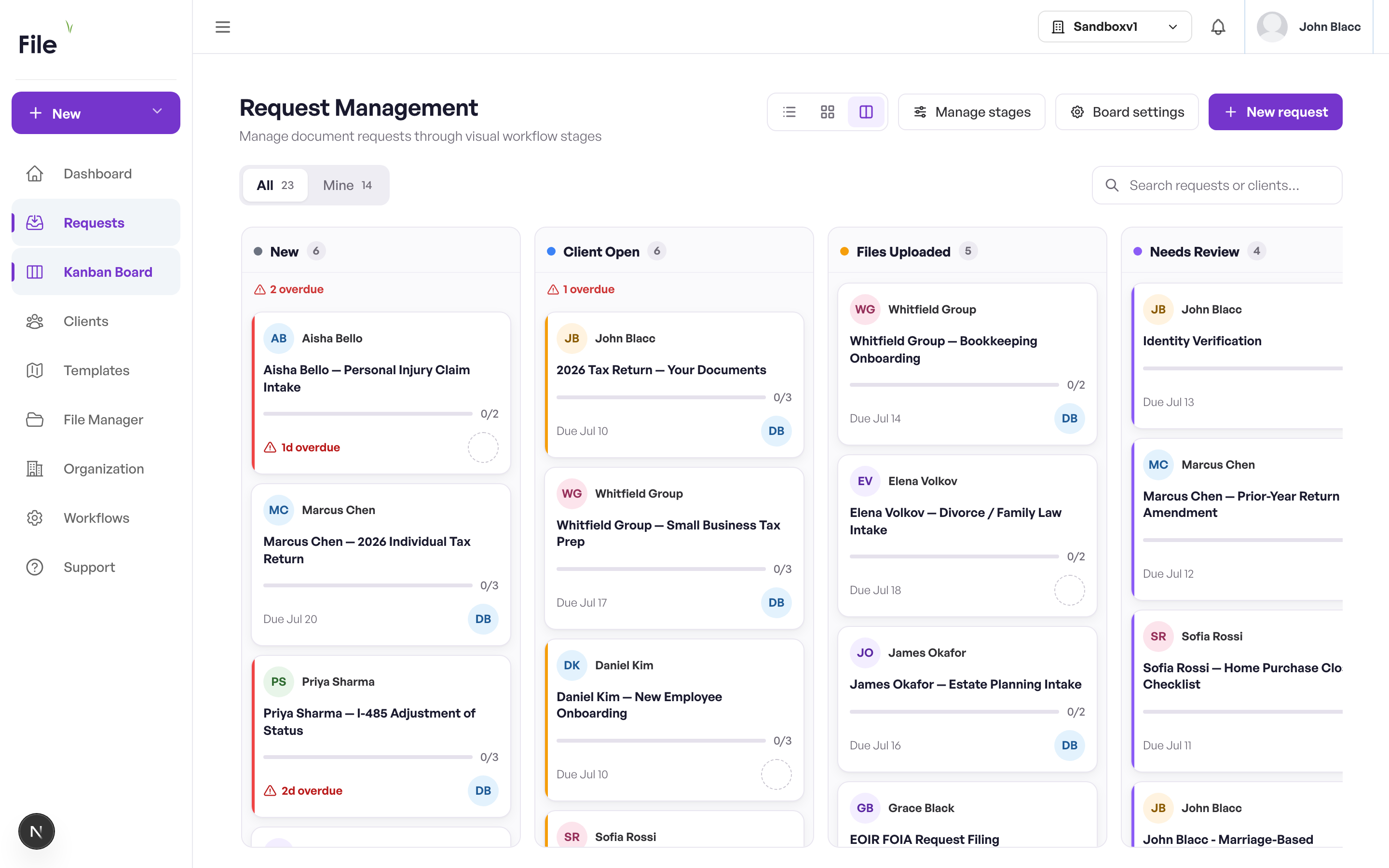FileOnion Kanban board tracking document requests across workflow stages